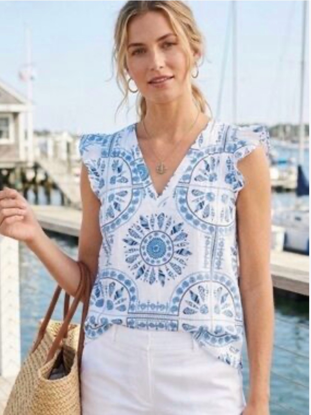 Vineyard Vines White Camisole with Blue Medallion Tile Print and Flutter Sleeves